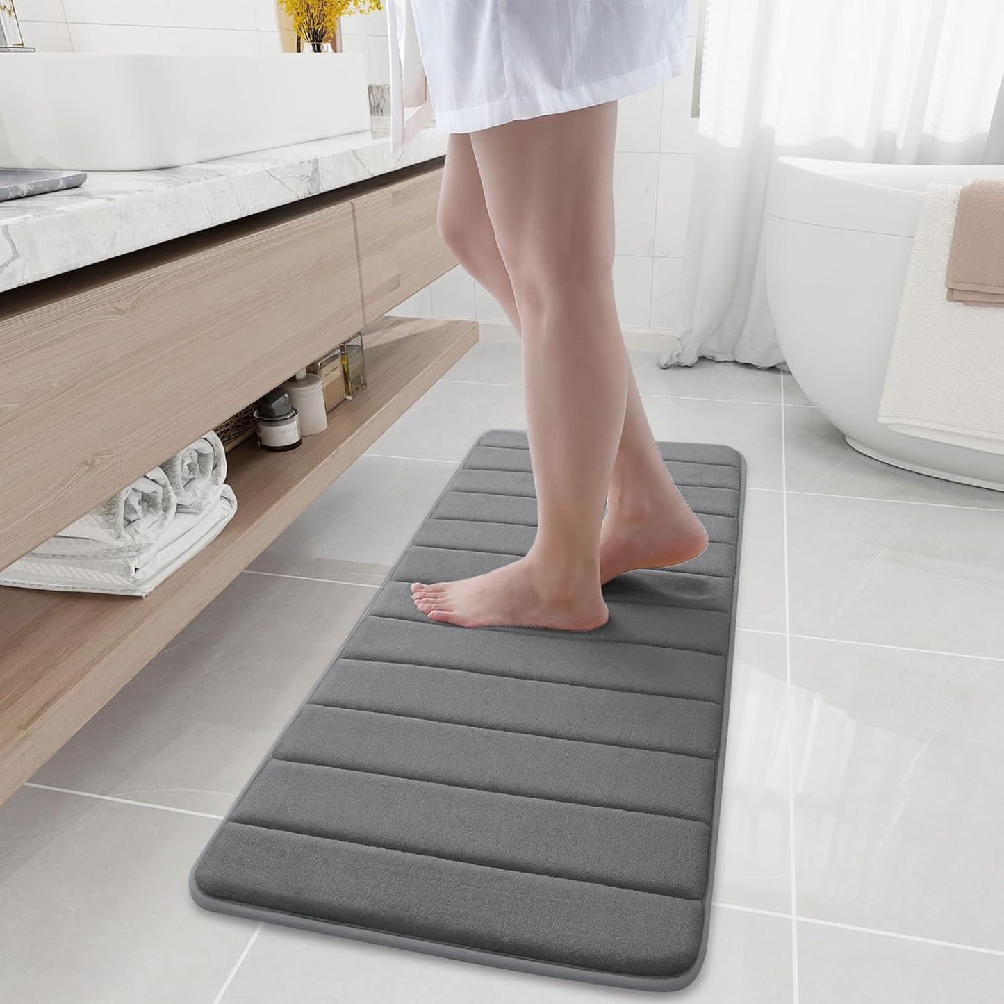 Ultra Soft Non-Slip Memory Foam Bath Mat, Water Absorbent, Machine Washable - 47 x 17 Grey
