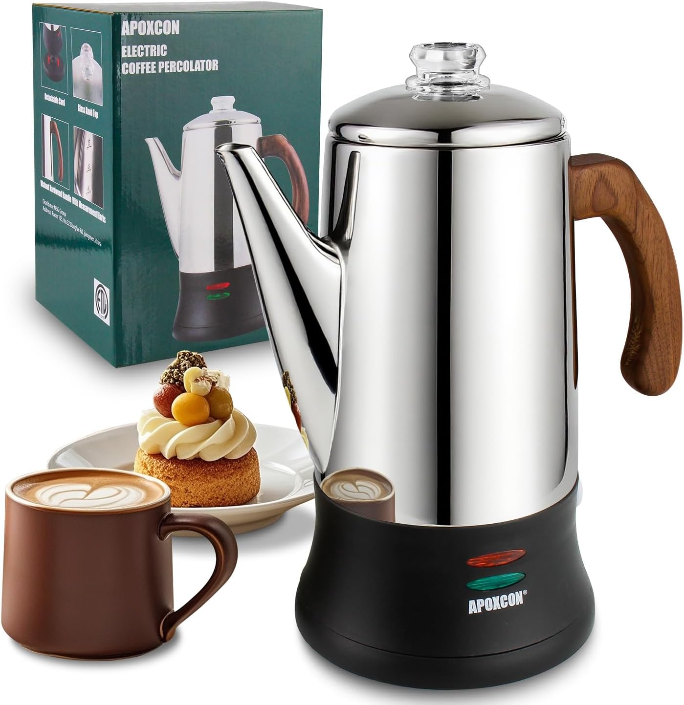 Electric Coffee Percolator with Clear Brew Knob and Wood Handle