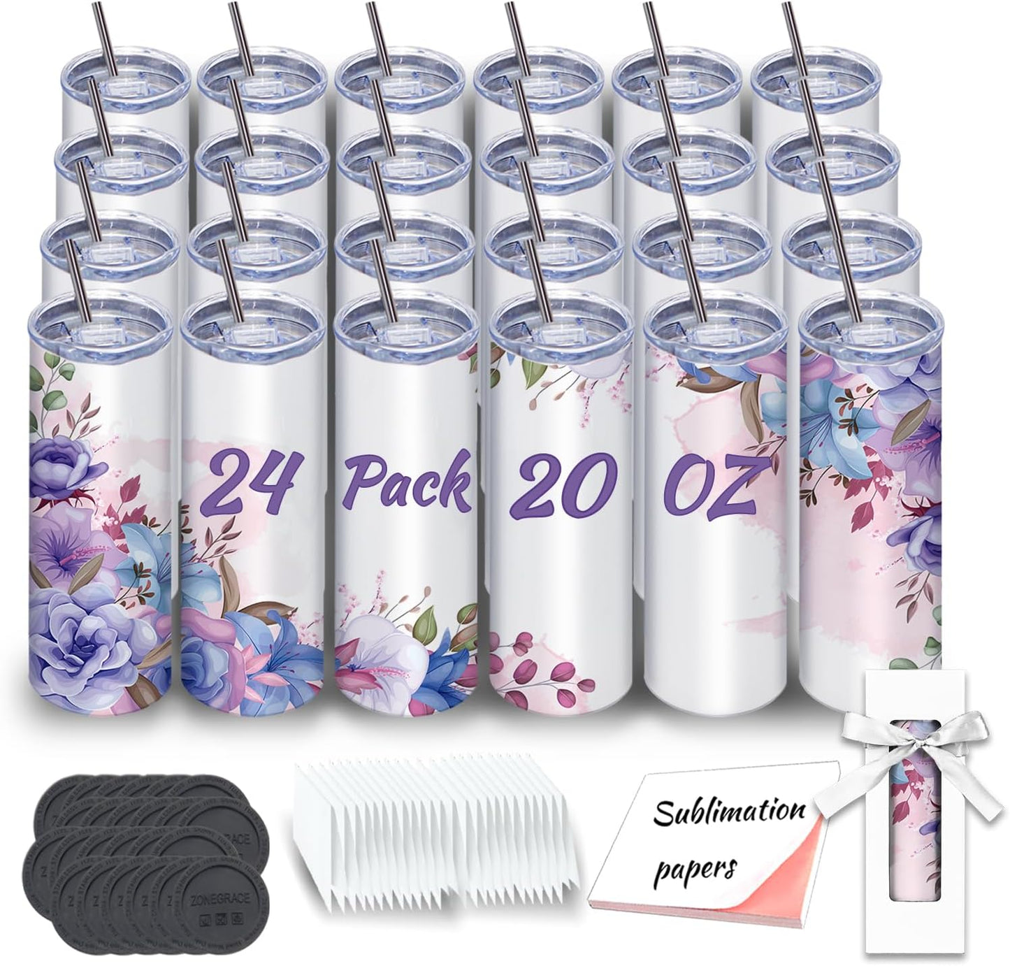 ZONEGRACE Sublimation Tumblers 20 oz Skinny 24 Pack