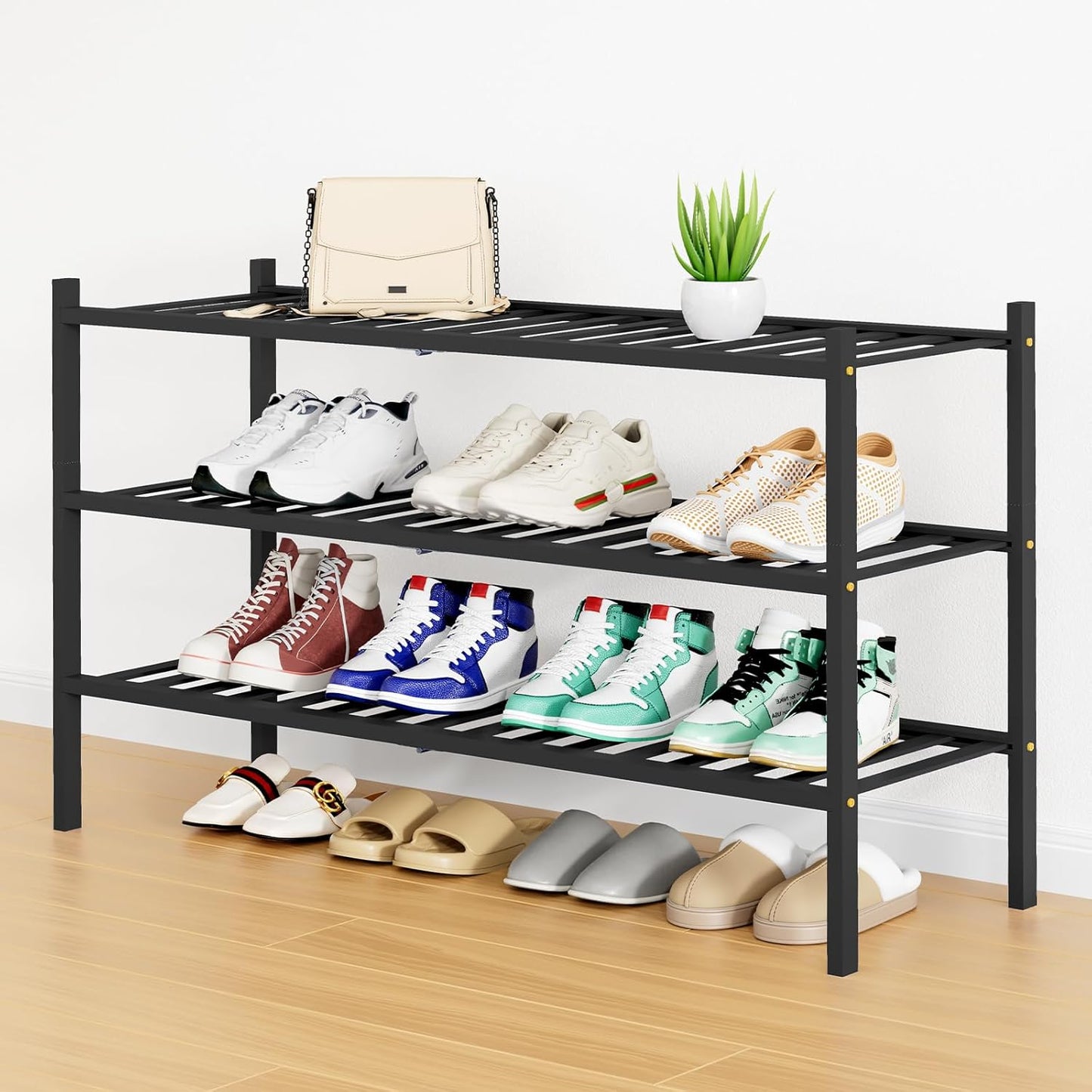 Smiry Shoe Rack - 3 Tier Bamboo Organizer for Entryway Storage