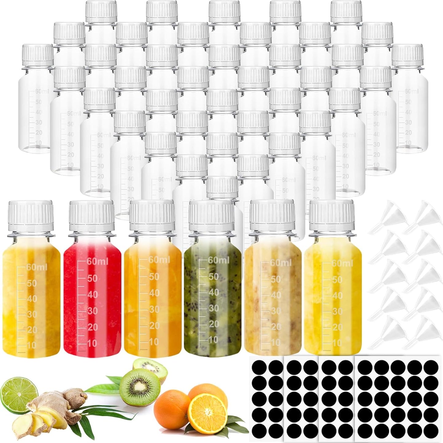 100 Pcs 2oz Plastic Shot Bottles with Caps for Juicing and More