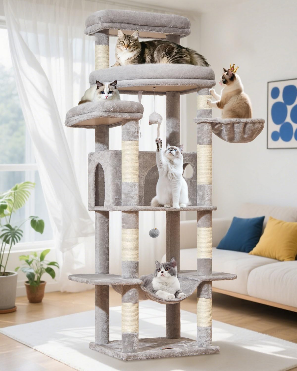 71 Inch Cat Tree for Large Cats with Giant Perches and Condo