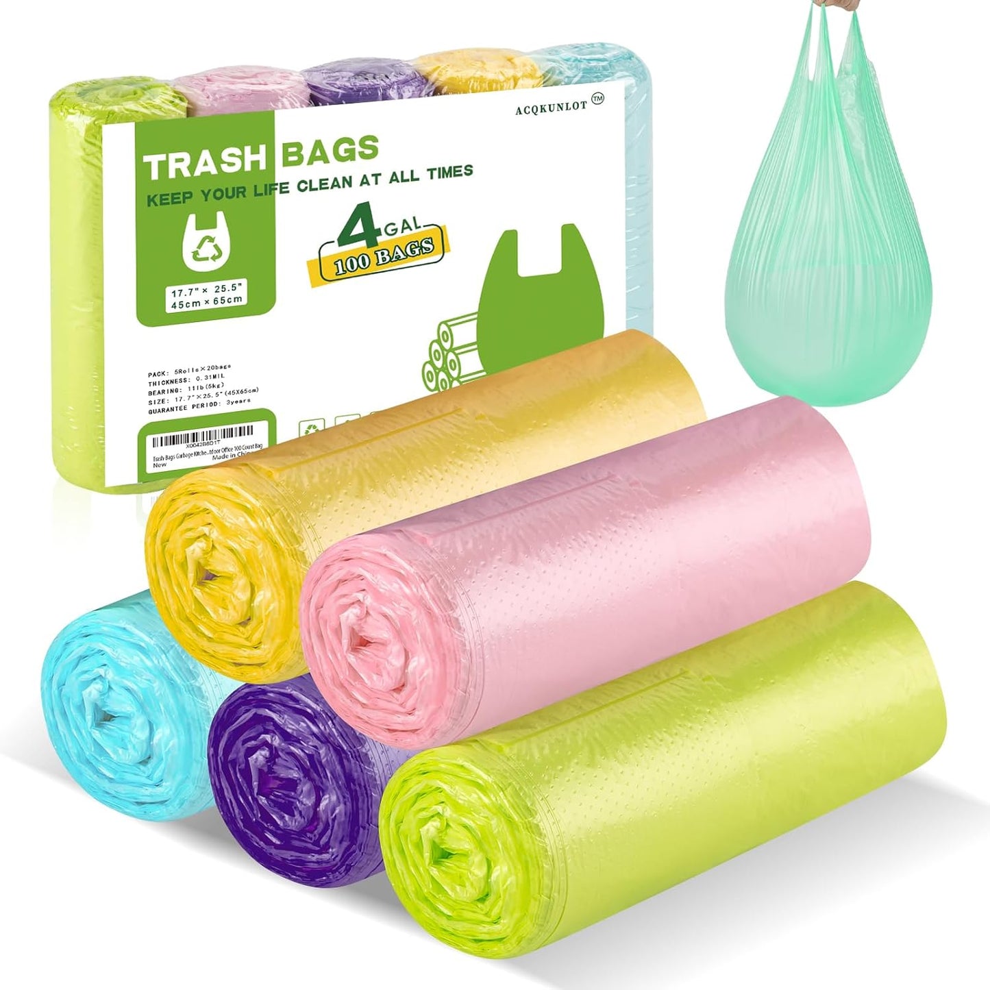 100 Count Small Trash Bags - Colorful, Sturdy, Handles - ACQKUNLO