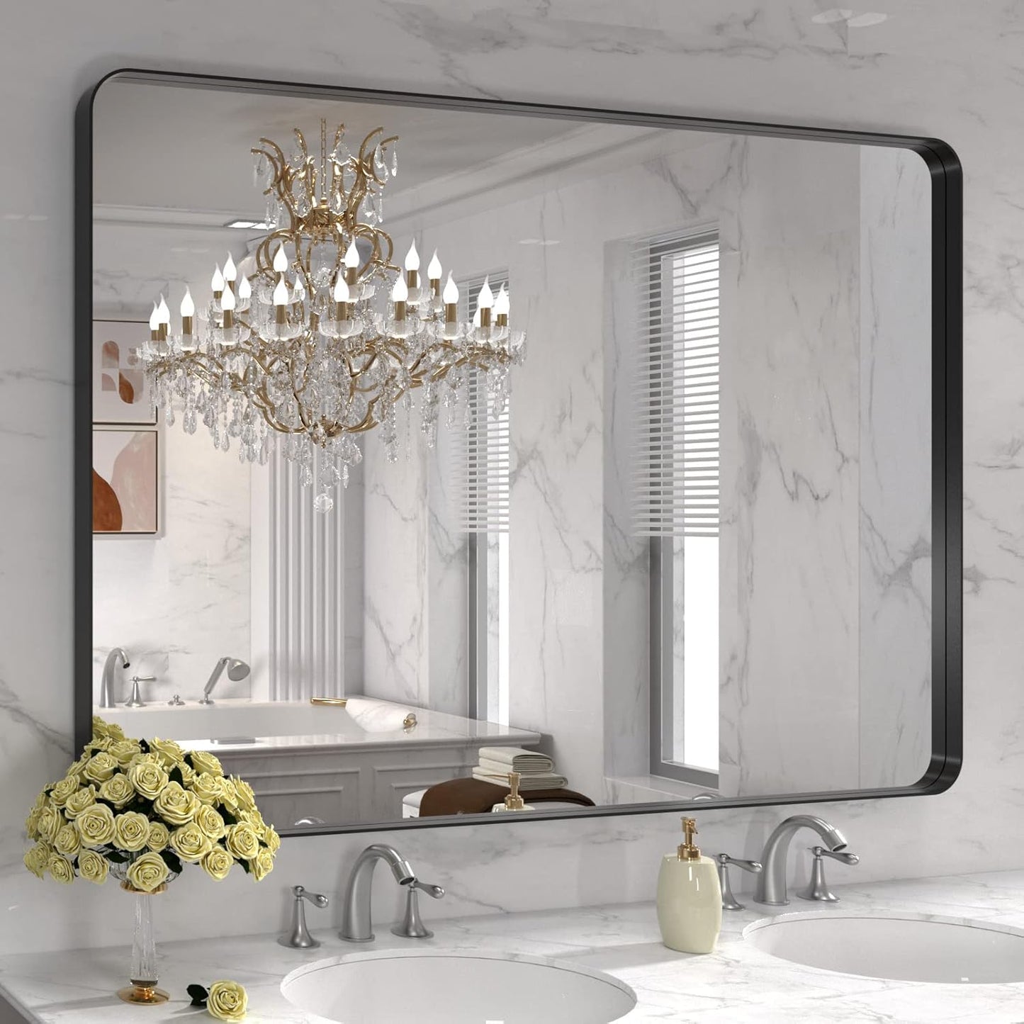 LOAAO 48X32 Inch Black Metal Framed Bathroom Mirror for Wall