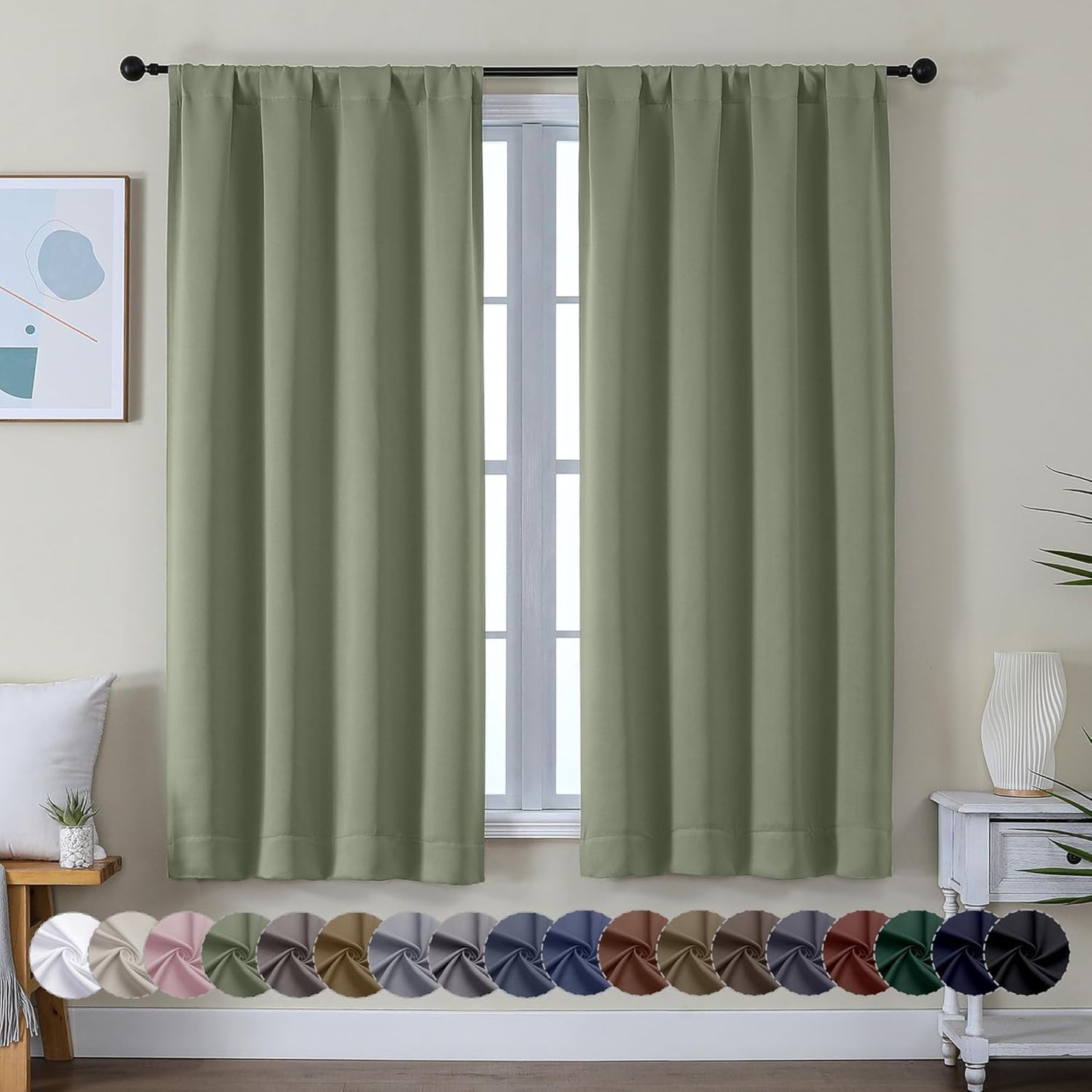 Energy-Saving Sage Green Blackout Curtains - 63 Inch Length