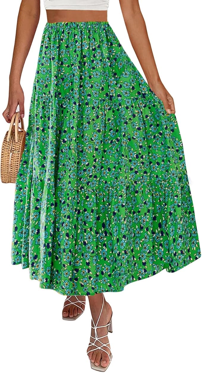 ZESICA Women's Summer Plaid High Waist Flowy A Line Maxi Skirt