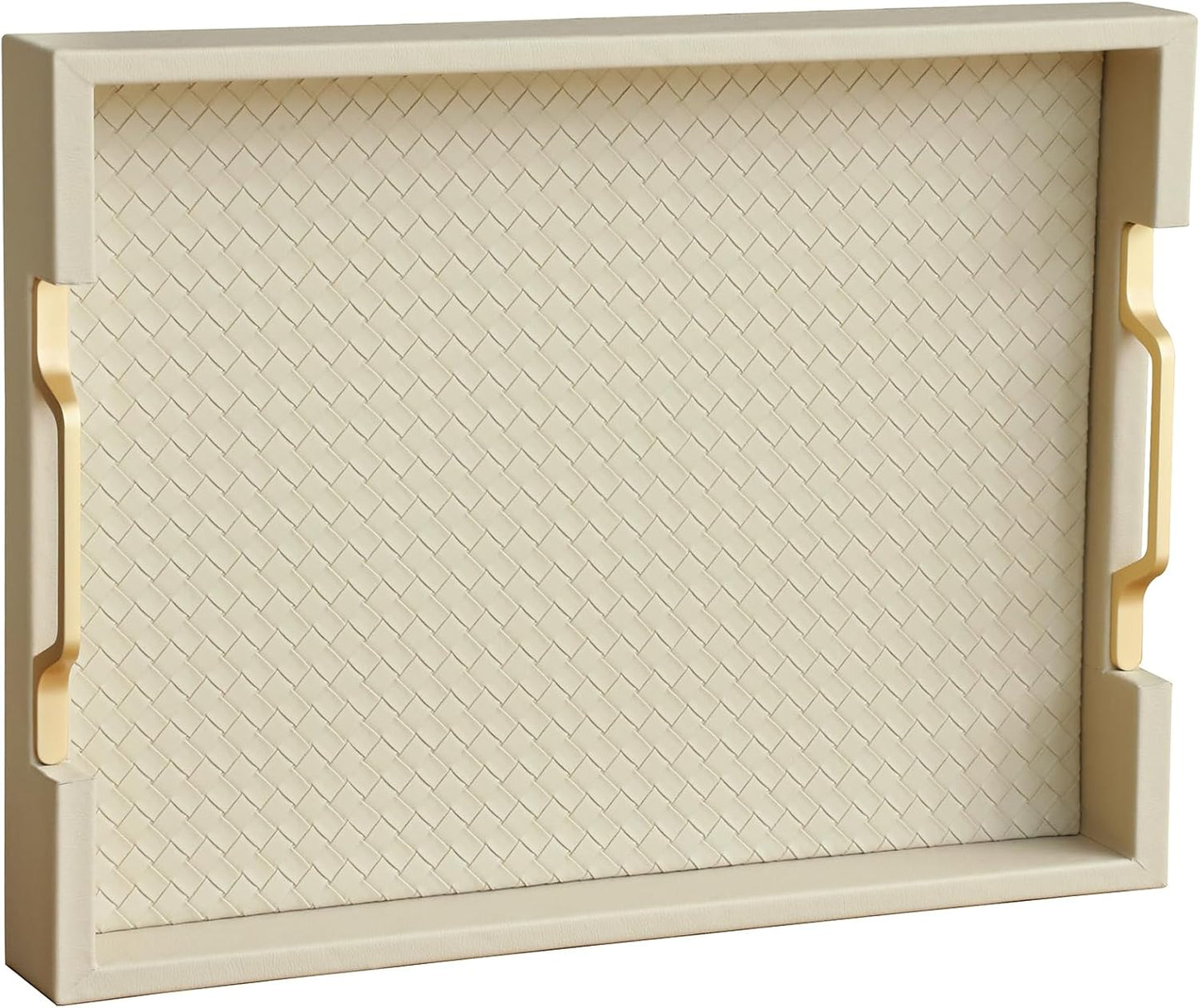 Faux Leather Rectangle Serving Tray with Gold Handles for Decor