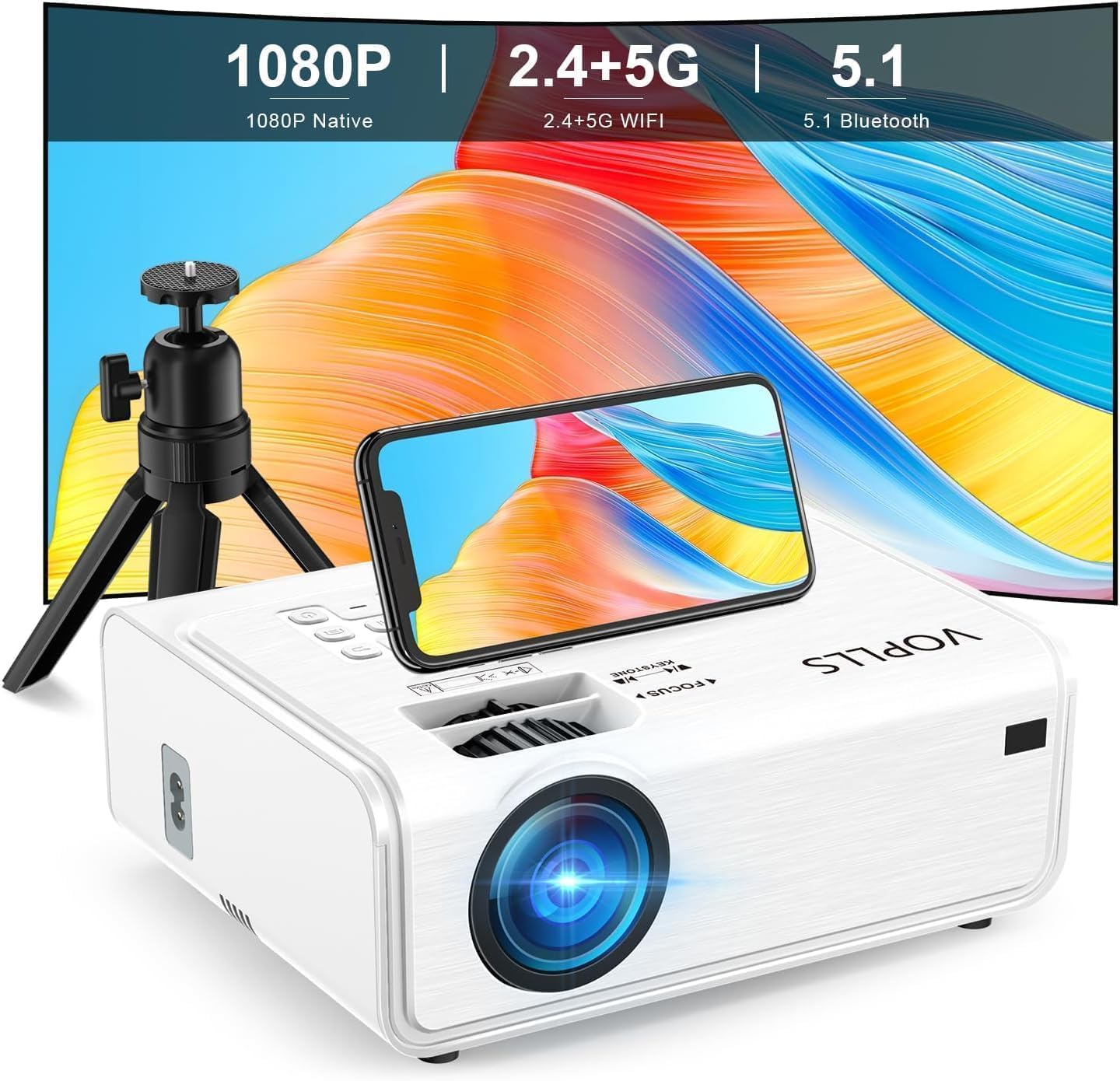 VOPLLS 1080P Full HD Projector with WiFi and Bluetooth Features