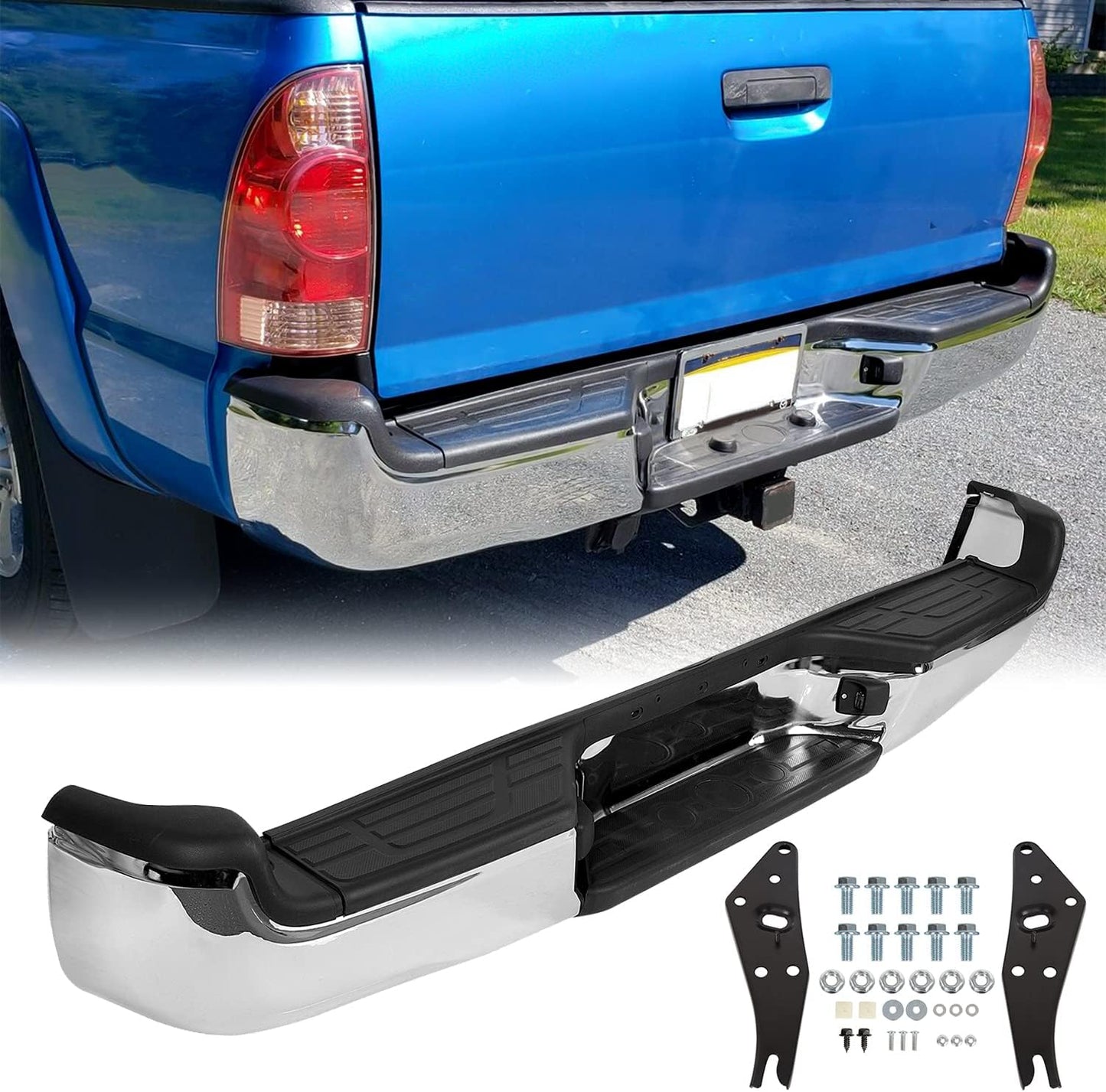 KUAFU Rear Bumper for 2005-2015 Toyota Tacoma - Chrome Steel