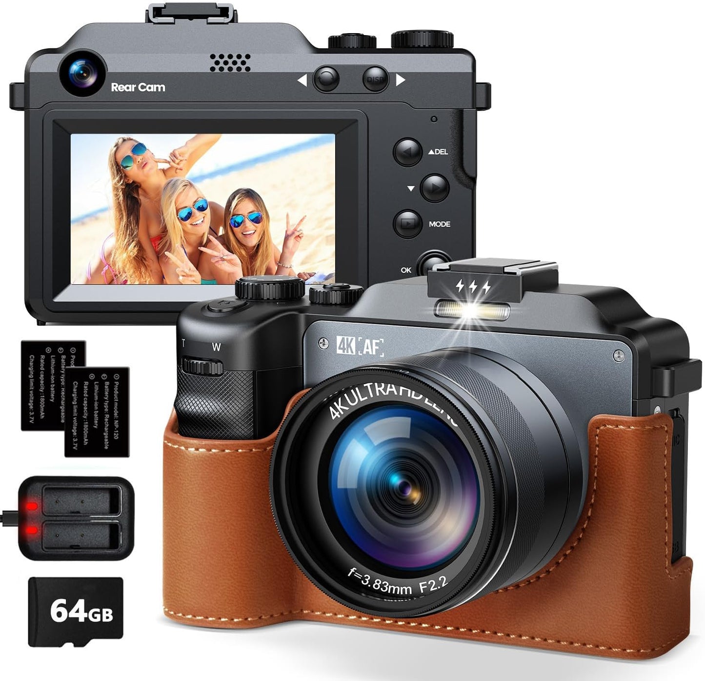 64MP 4K Autofocus Vlog Camera, Dual Flash, 18X Zoom - Perfect for Beginners!