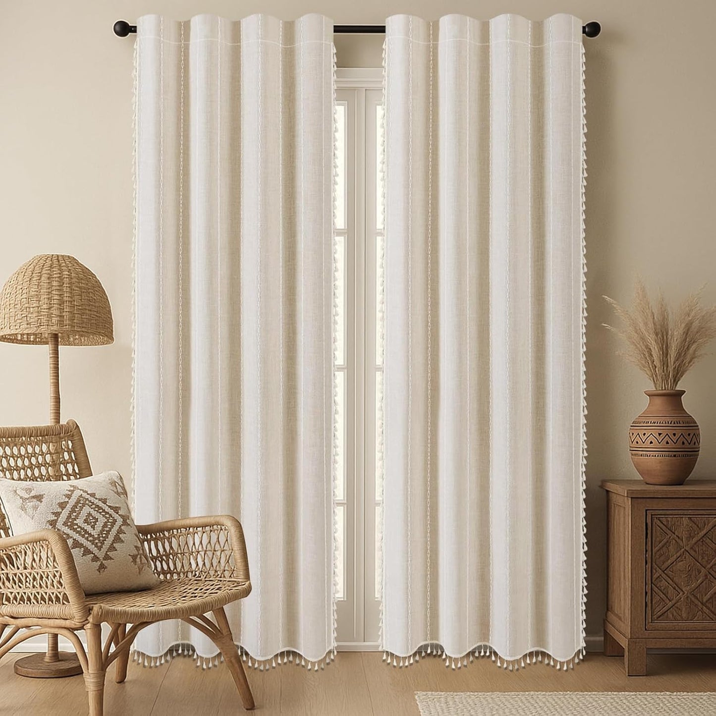 Boho Blackout Curtains 90 Inch Beige Linen Blend for Home Decor