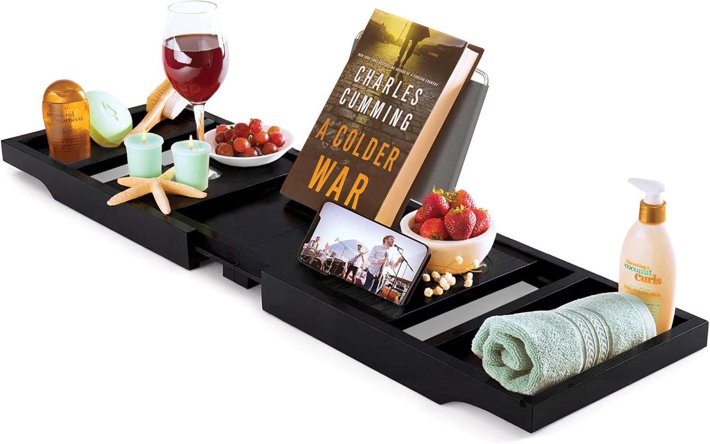 Expandable Black Bamboo Bathtub Tray for Spa Relaxation