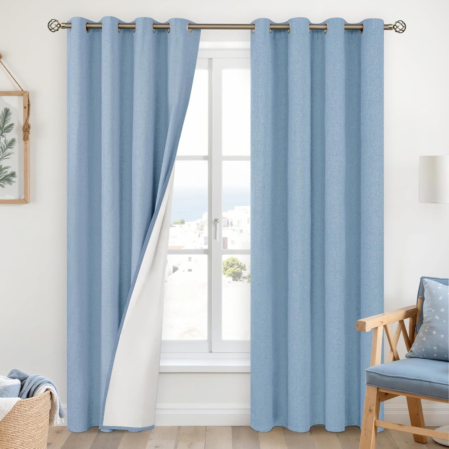 YoungsTex Denim Blue Linen Blackout Curtains for Full Room Darkening