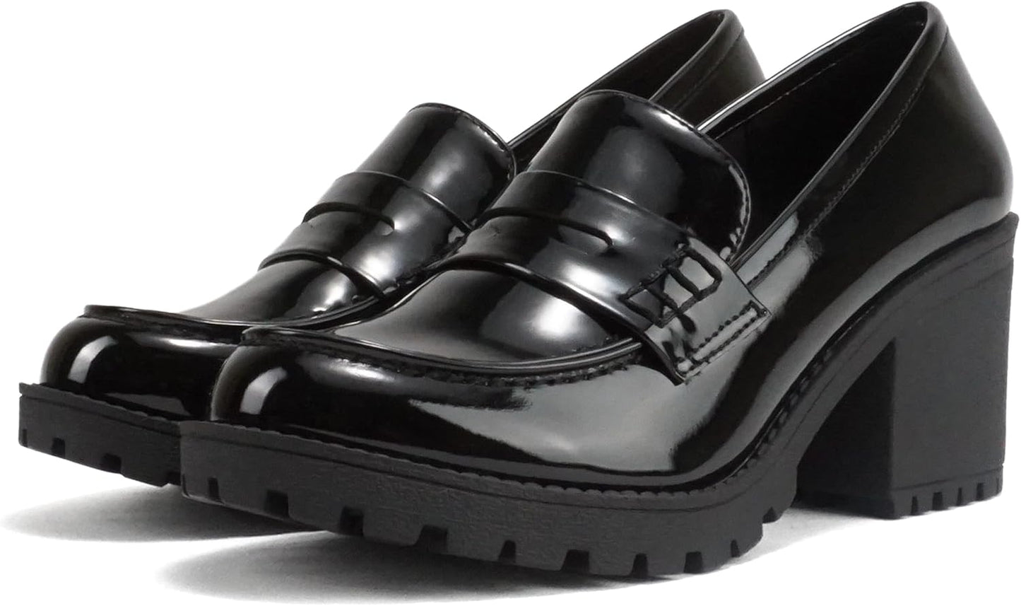 Soda Kinder Women Slip On Chunky Mid Heel Penny Loafer Shoe