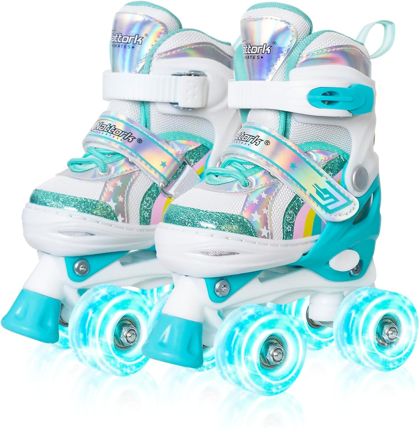 Nattork Girls Roller Skates for Kids - Adjustable Rainbow Quad Skates