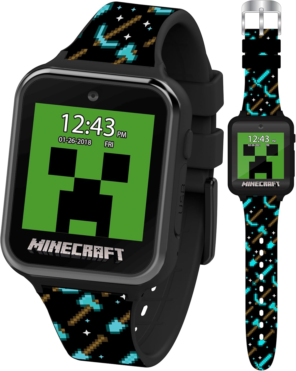 Interactive Minecraft Kids Smart Watch - Games, Camera, Step Counter, Voice Recorder - Fits 5.5-8.0 Wrists