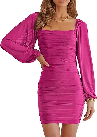 Elegant Square Neck Lantern Long Sleeve Mini Bodycon Dress