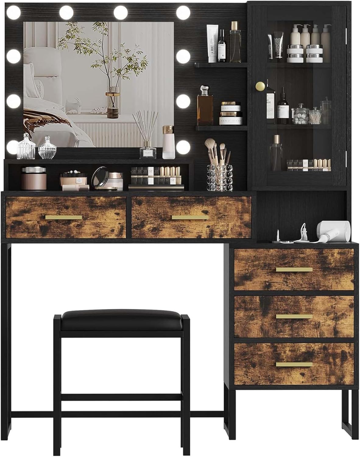 GAOMON Large Vanity Desk with Lights & Charging Station