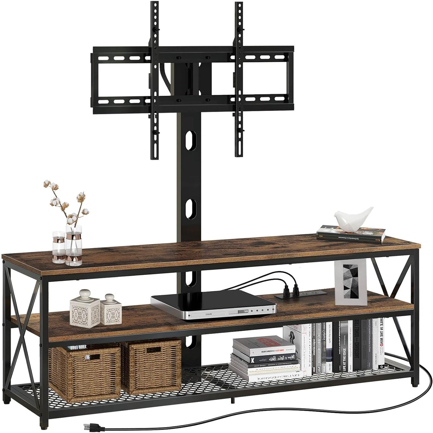 Rustic Brown TV Stand with Swivel Mount & Power Outlet