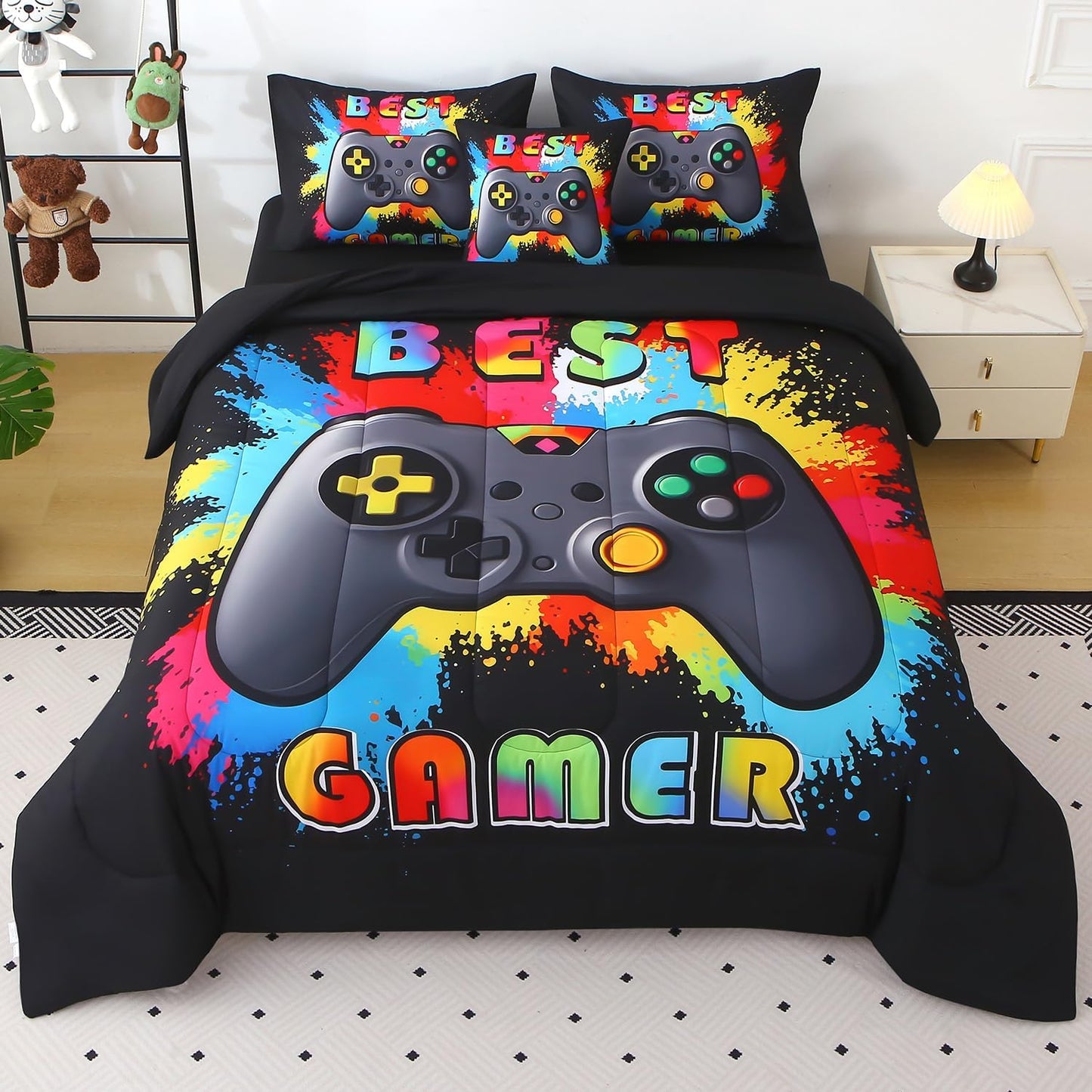 JQinHome Twin Gamer Bedding Set for Boys - 6 Piece Bed in A Bag