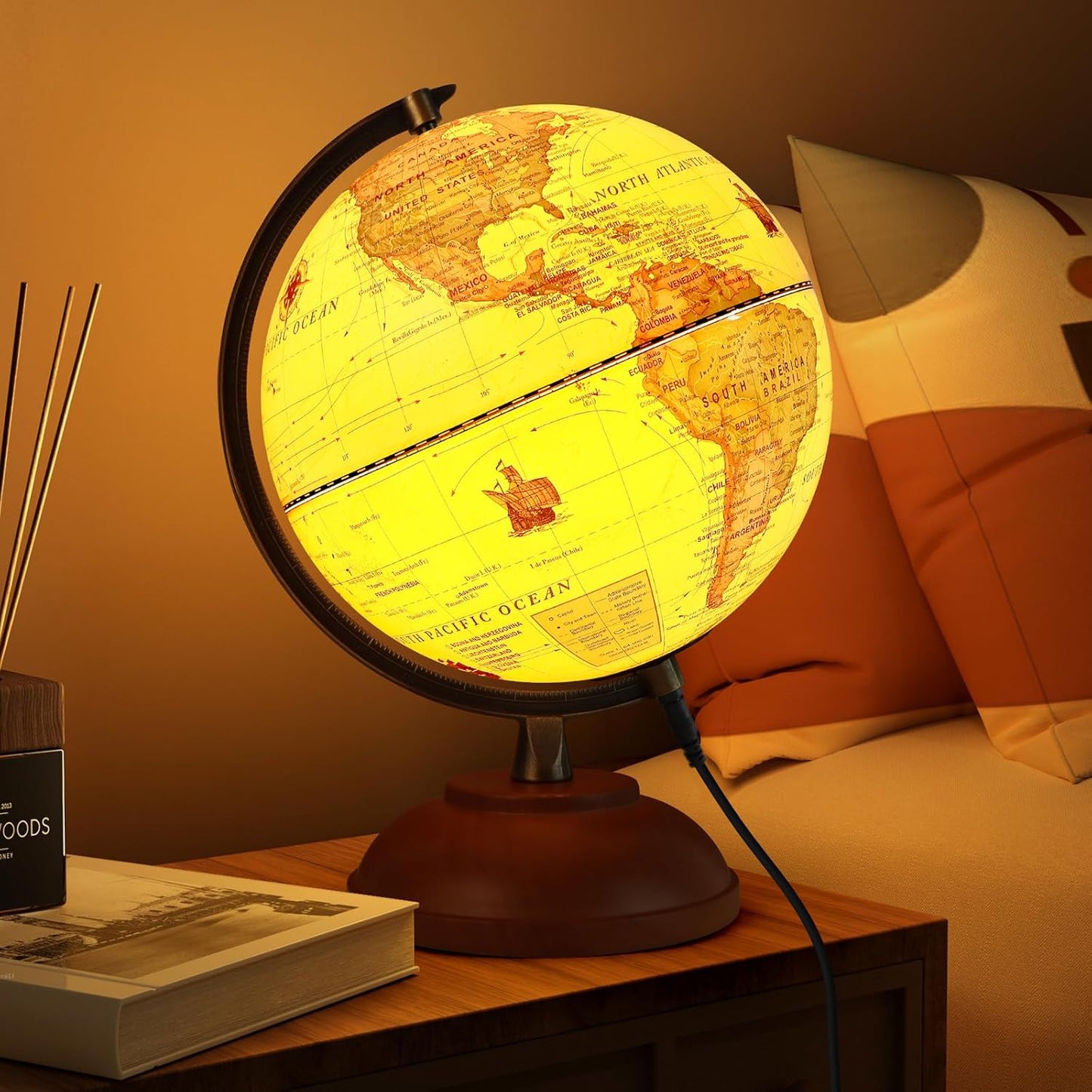 Illuminated World Globe with Wood Stand for Learning and Decor