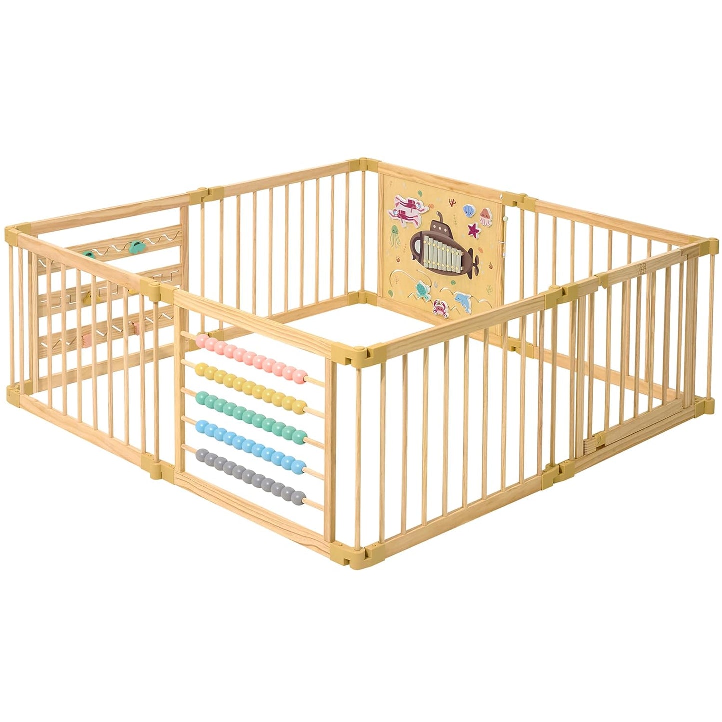 Extra Large Wooden Playpen for Toddlers with Under-The-Sea Toys