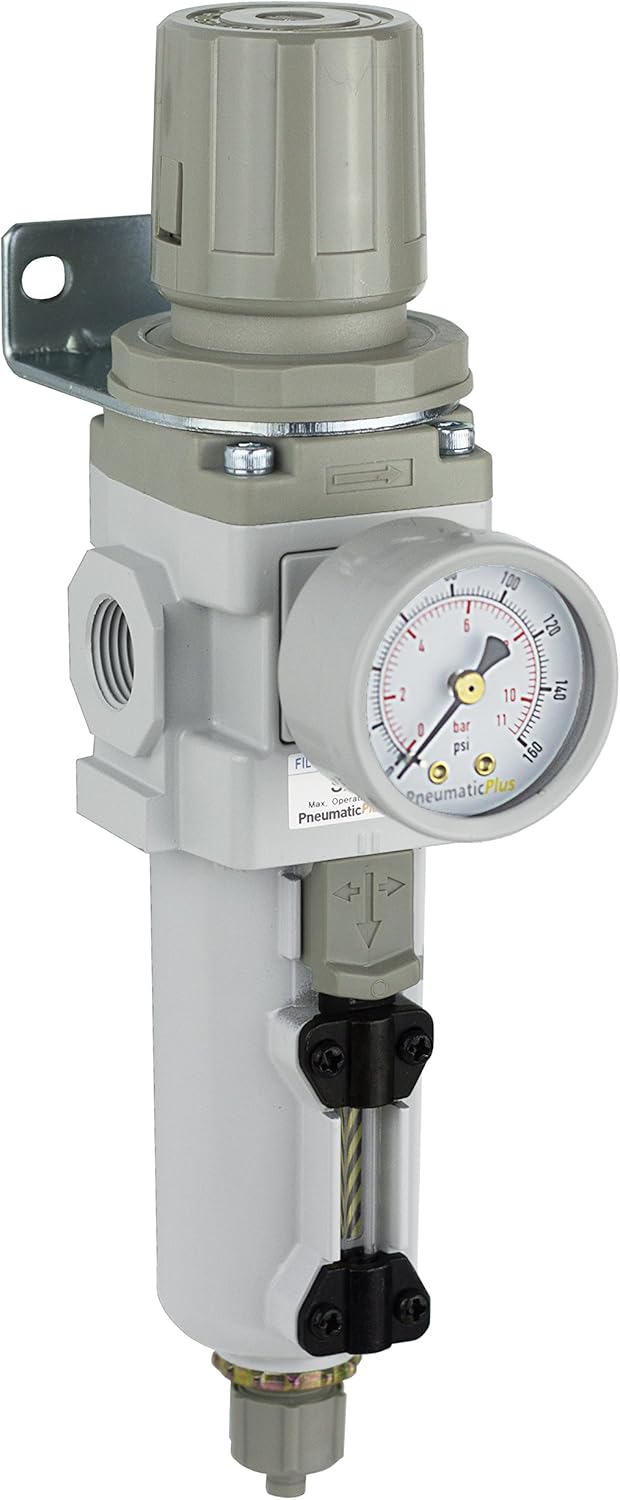 PneumaticPlus 3/8 Combo Air Filter Regulator - Metal Bowl, Manual Drain