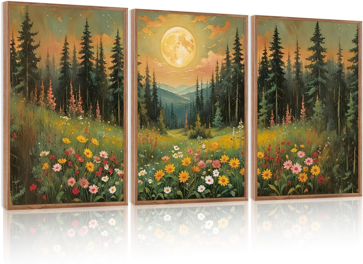 Moonlit Forest Floral Framed Canvas Wall Art Set for Decor