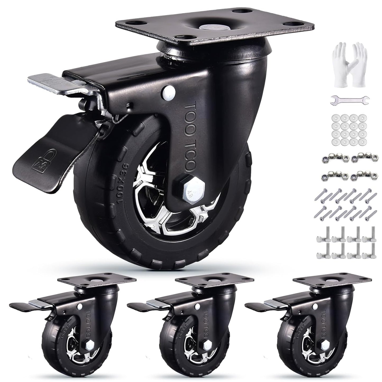 4 Inch Heavy Duty Casters Set of 4 with Silent Swivel Brakes