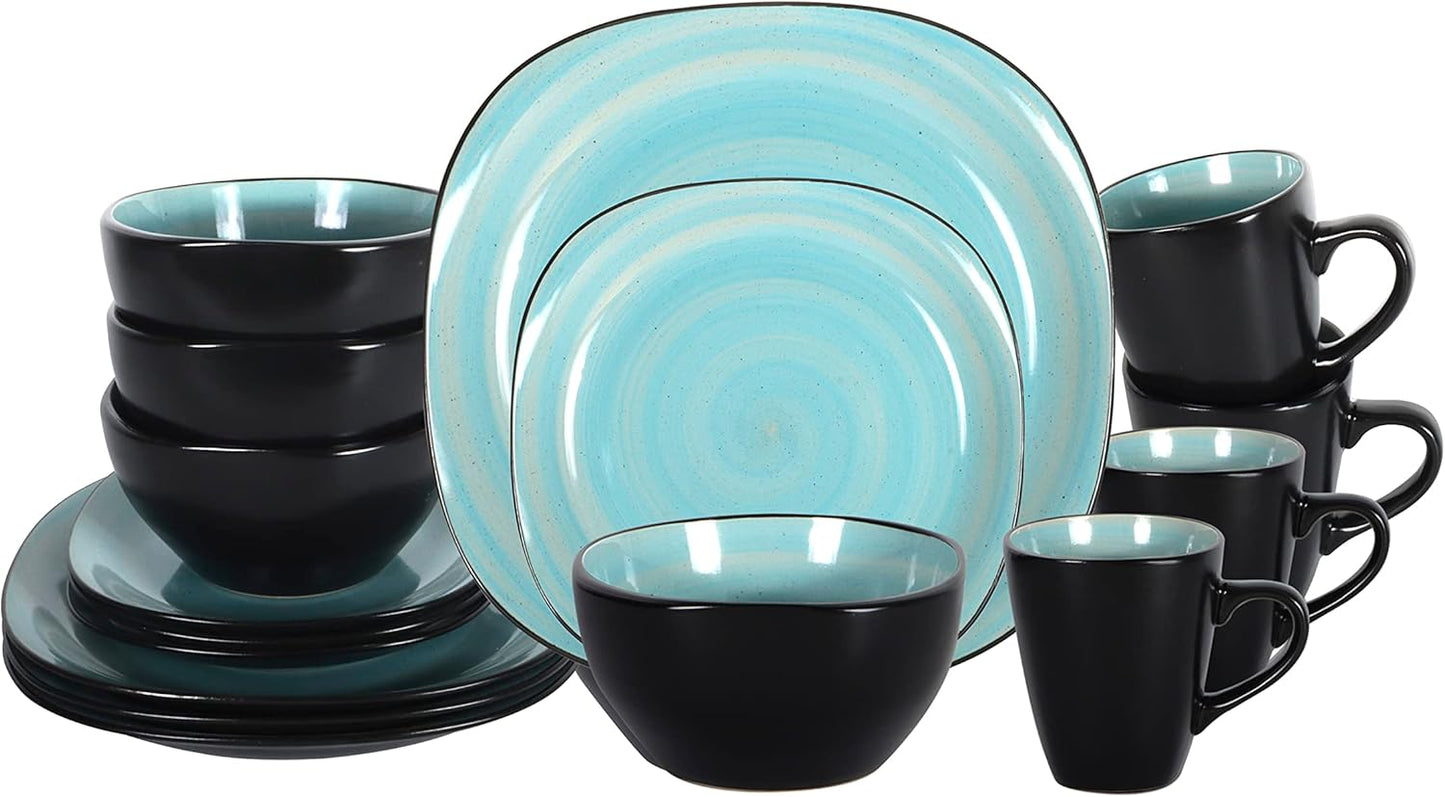 Stoneware Square 16pc Dinnerware Set with Turquoise Swirl Design