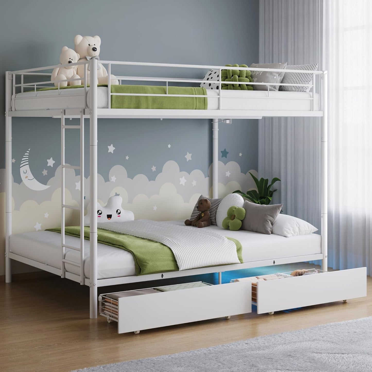 Full Over Full Metal Bunk Bed with LED Lights and USB Charging
