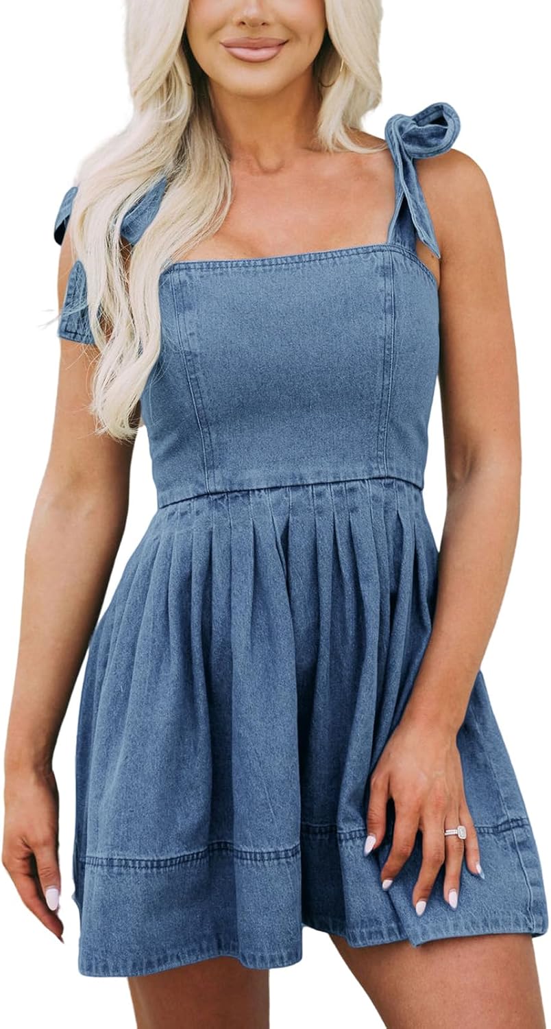 Women's Summer Tie Shoulder Sleeveless Denim Mini Dress