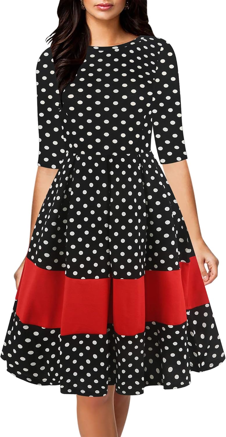 Oxiuly Women's Vintage Half Sleeve O-Neck Swing Dress with Pockets