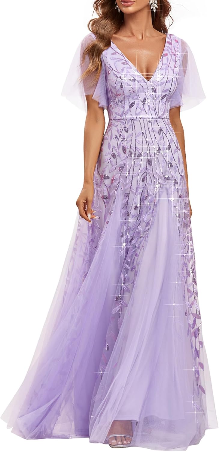 Stunning Sequin Sparkly V-Neck A-Line Evening Dress for You