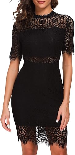 Zalalus Women's Elegant High Neck Short Sleeves Lace Dress
