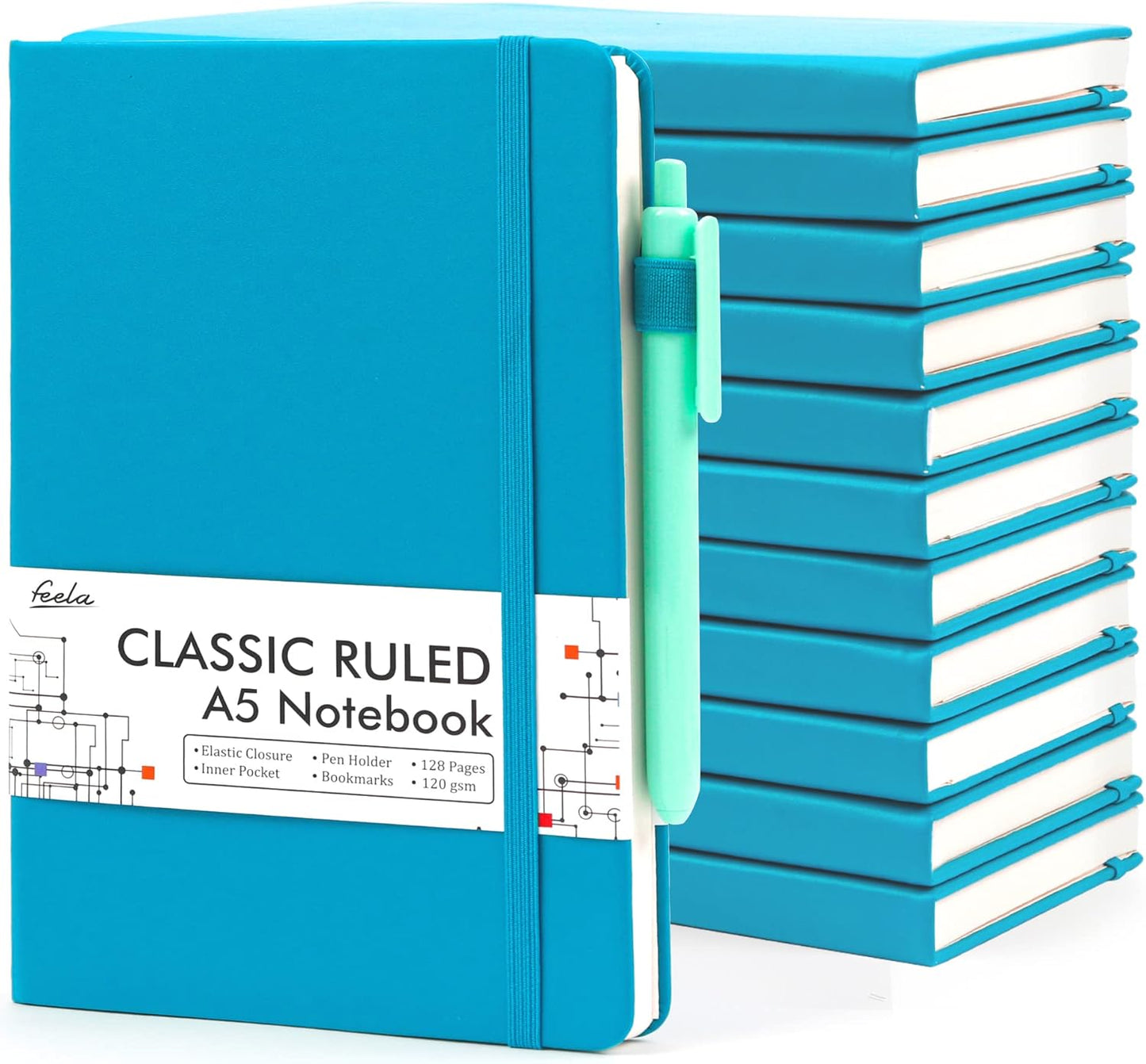 Feela 12 Pack Classic Ruled Notebooks with Pens for Writing