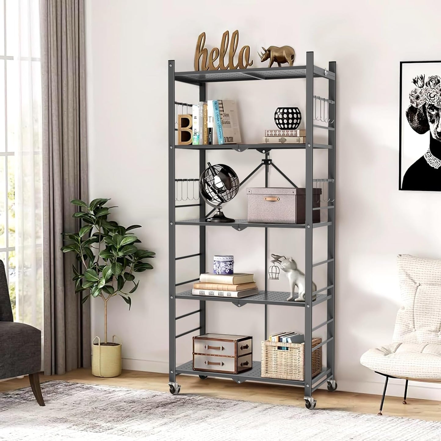 Himix 5-Tier Foldable Storage Shelves with 20 Hooks and Wheels