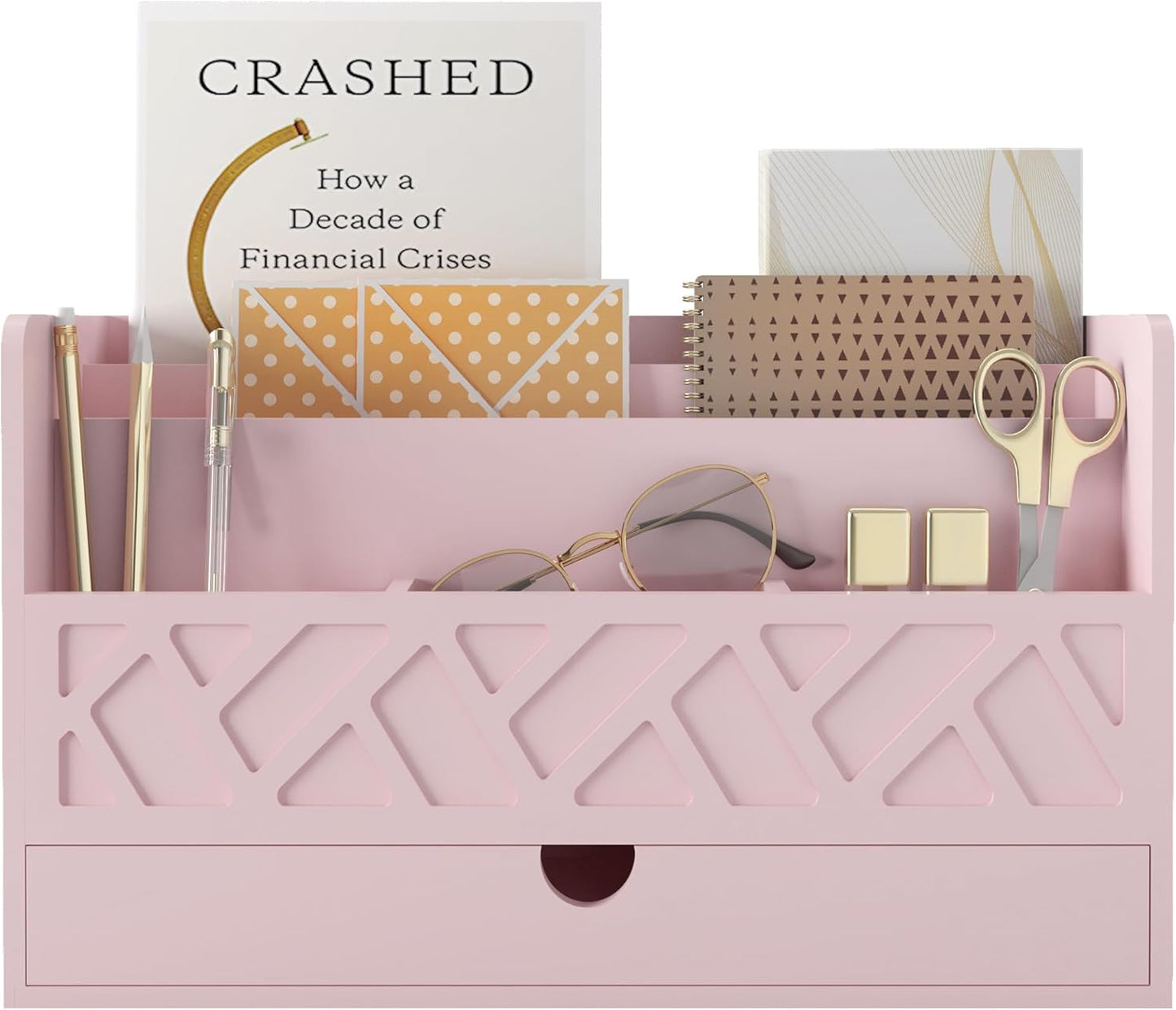 Wisuce Bamboo Mail Organizer for Desk with Drawer - Pink