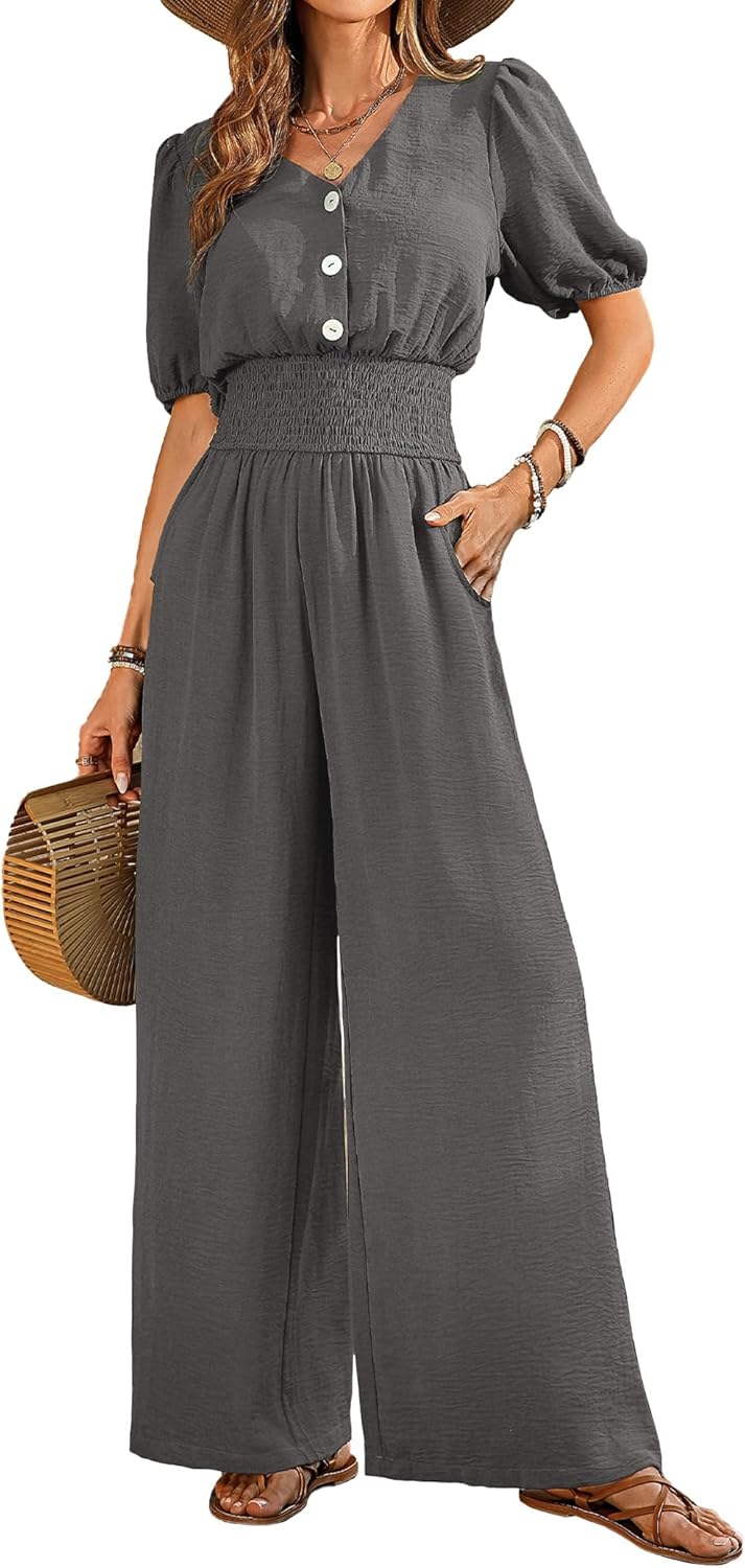 Womens Jumpsuits Short Sleeve V Neck Dressy Casual Wide Leg Pants