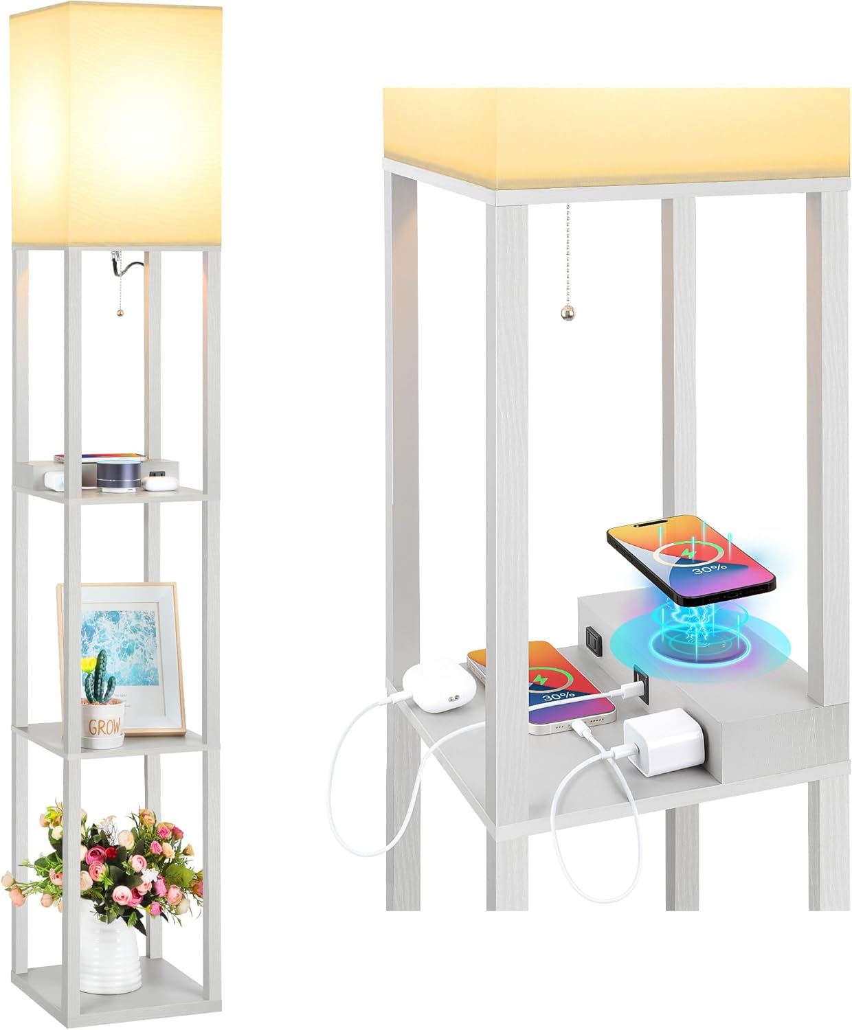 Mlambert Modern Shelf Floor Lamp with Wireless Charger & USB Ports