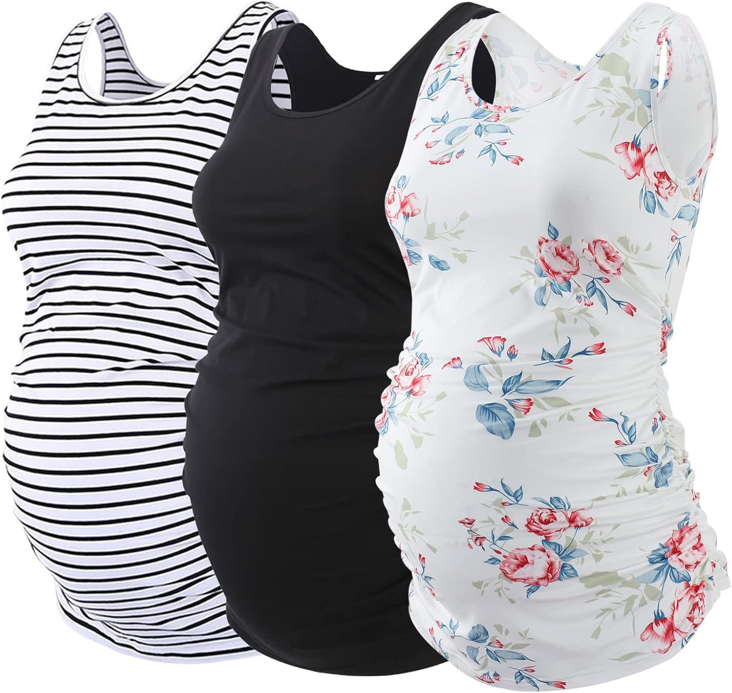 Ecavus Maternity Tank Top 3PCS Sleeveless Ruched Vest for Moms