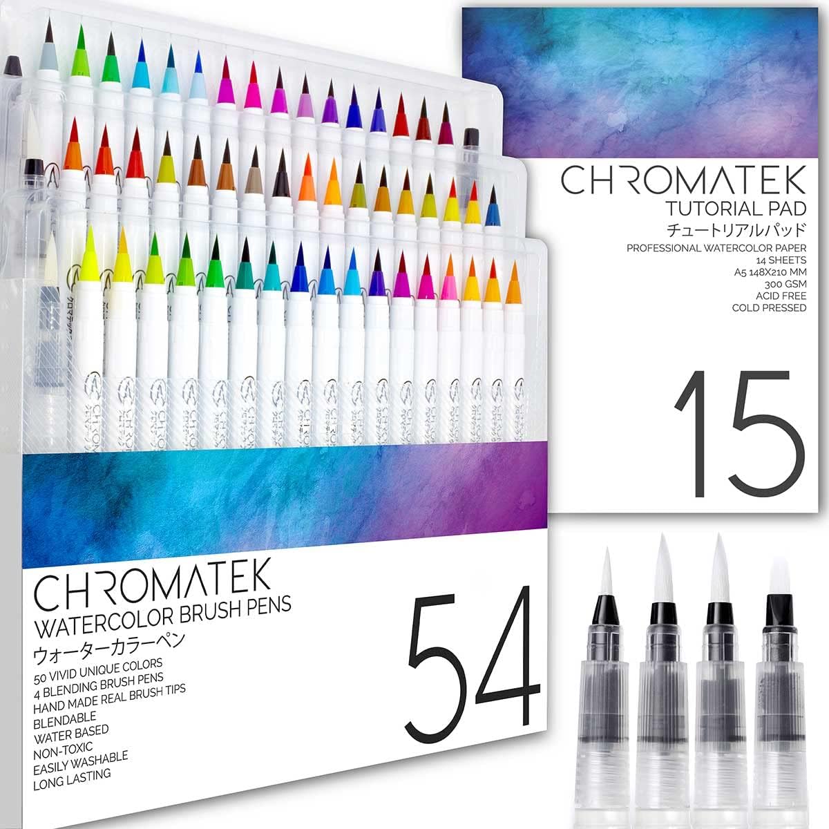 CHROMATEK 54 Watercolor Pens Set with Video Tutorials & Pad