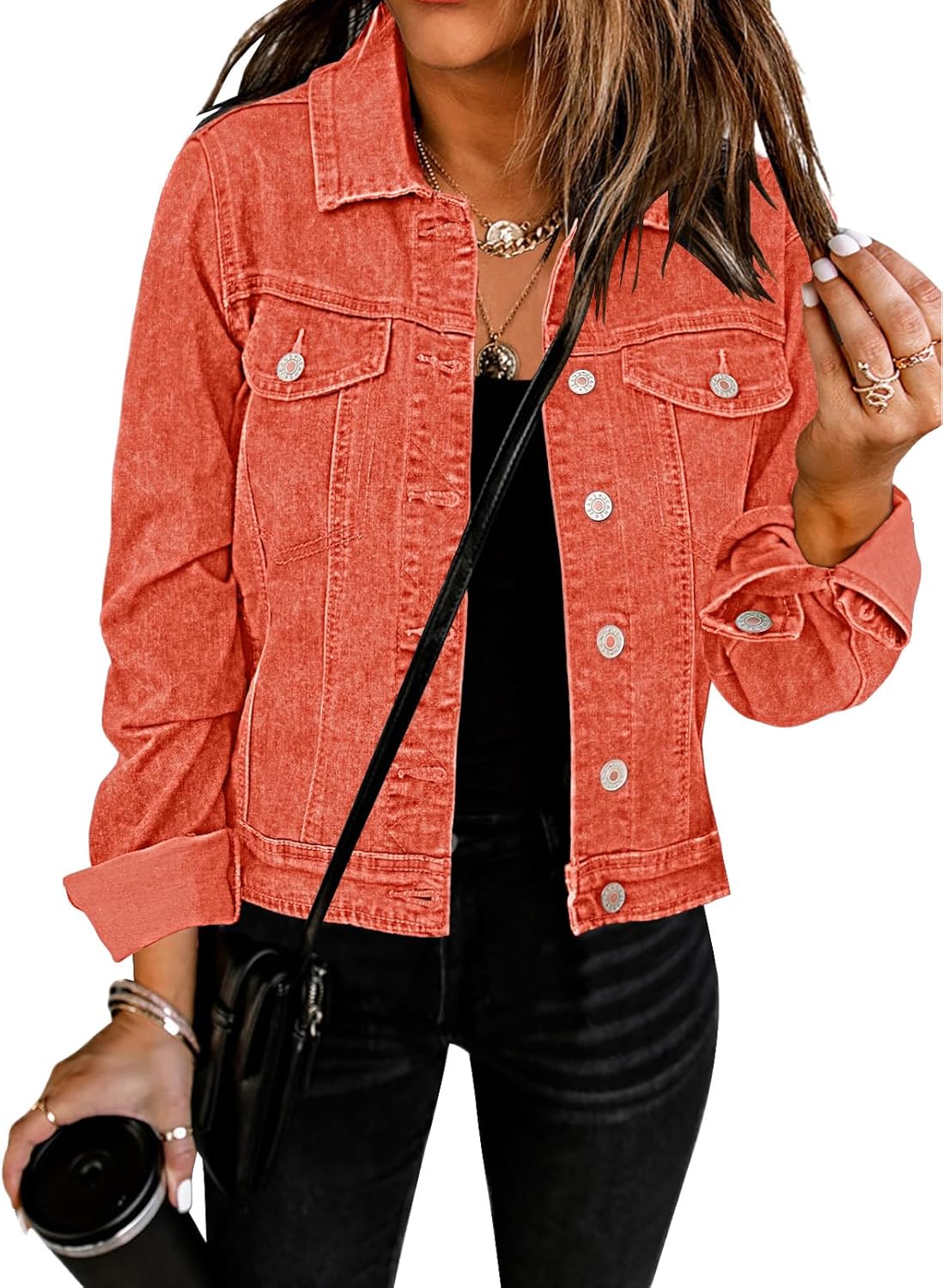 GRAPENT Women's Basic Button Down Long Sleeve Denim Jacket