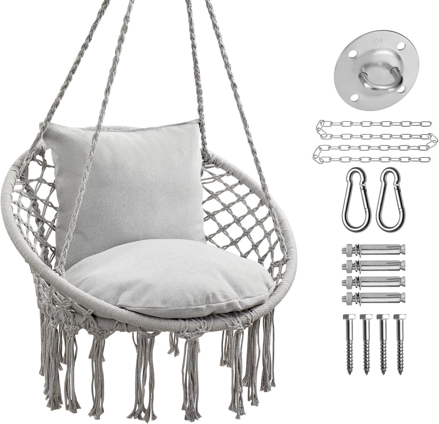 330 Lbs Capacity Macrame Hanging Swing Chair Set - Light Grey