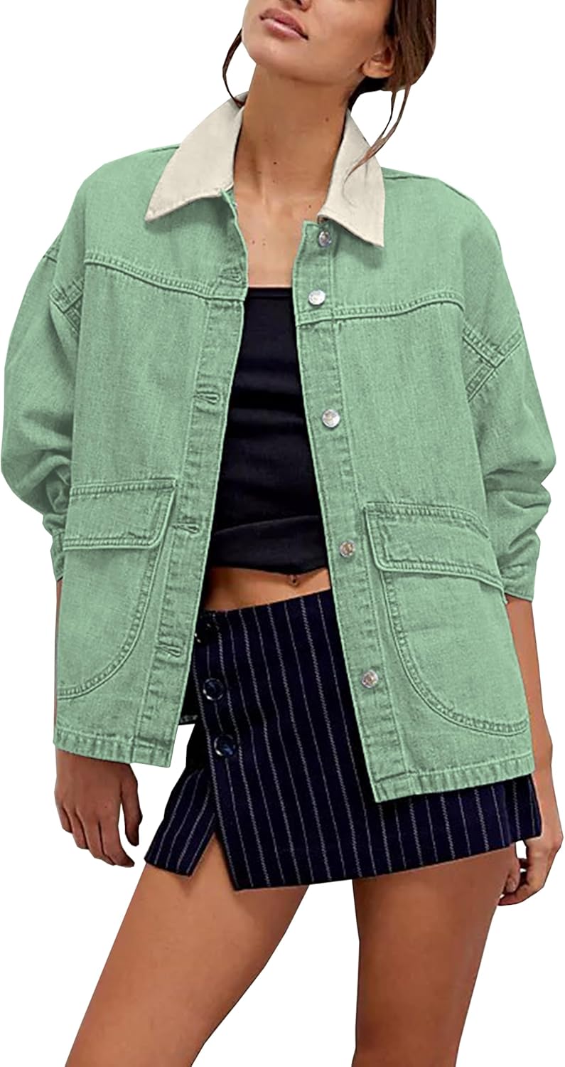 Oversized Denim Jacket for Women with Contrast Trim Style