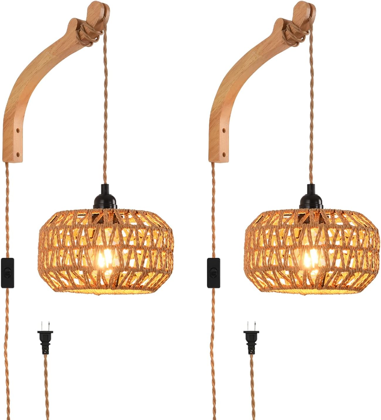 Farmhouse Wicker Wall Lamp Plug in for Rustic Boho Decor