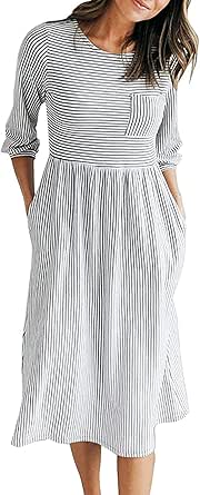 Stylish Women's 3/4 Balloon Sleeve Striped Midi Dress with Pockets
