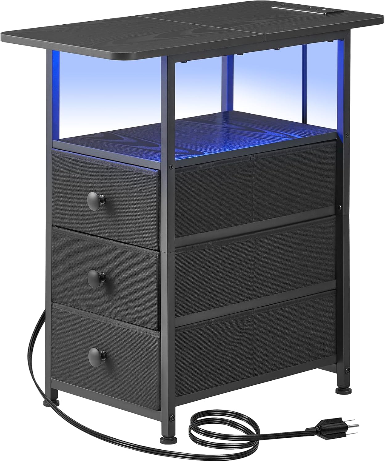 Narrow End Table with Charging Station and LED Light Features