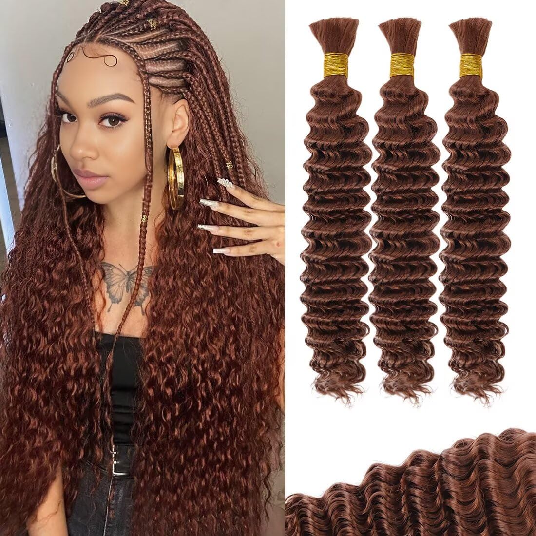 Brown Human Braiding Hair for Boho Braids 16 Inch Curly Style