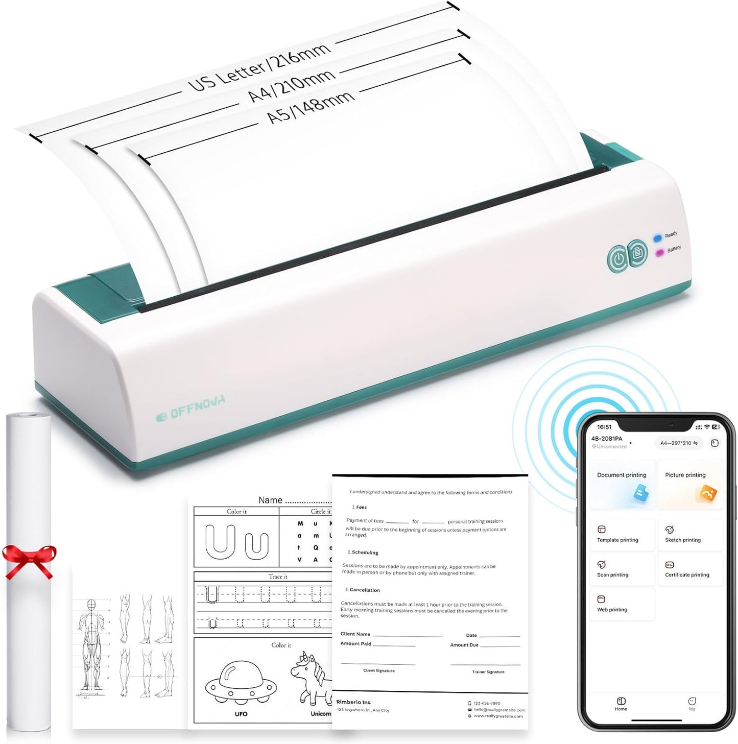 Compact Wireless Thermal Printer, Supports US Letter & A4, iOS/Android/Laptop, 1 Roll Paper, Mobile Office
